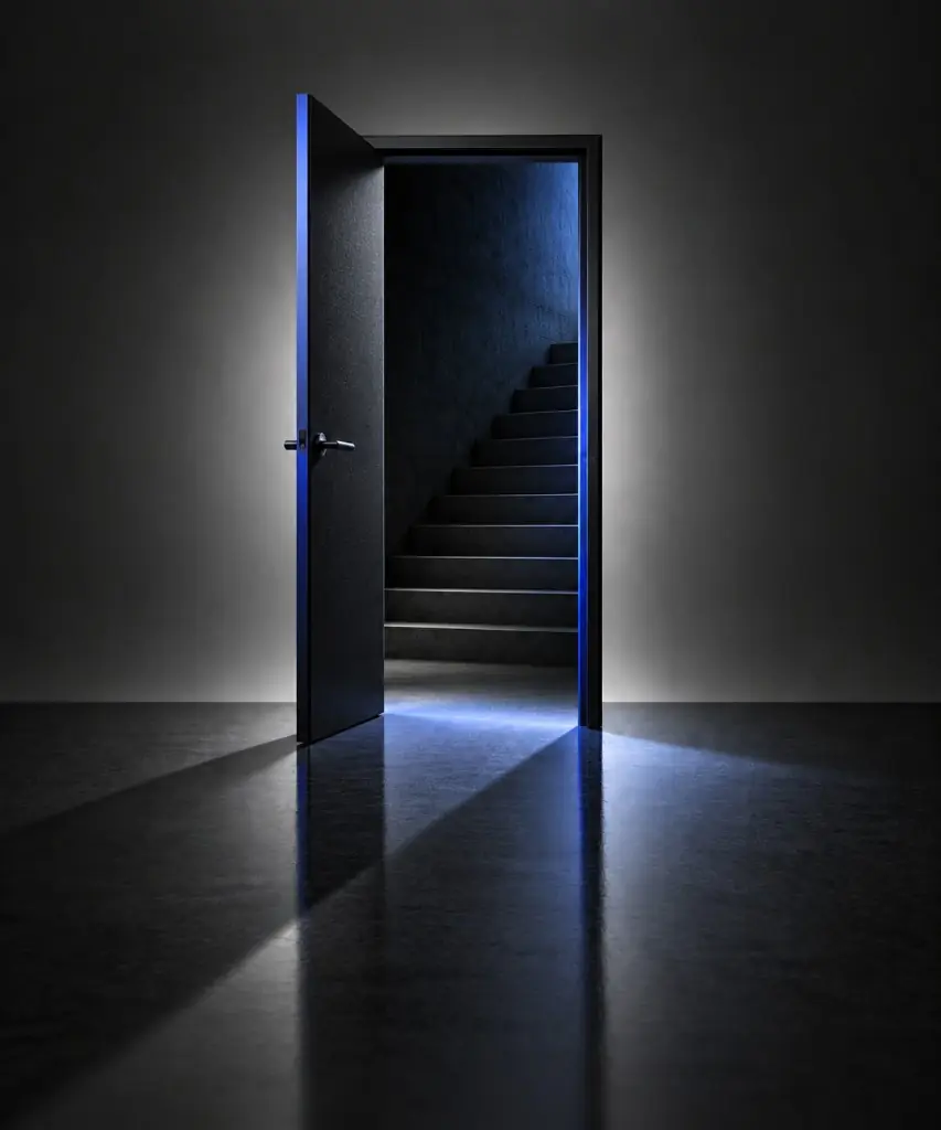Una puerta cerrada iluminada desde atrás