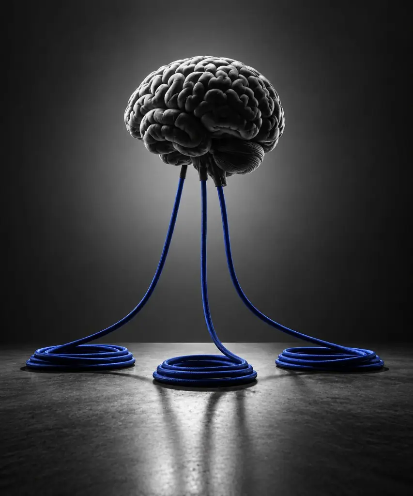 Un cerebro conectado por cables sobre una mesa oscura